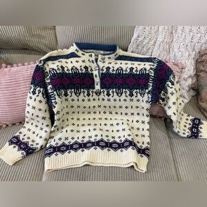 VINTAGE 80s L.L. Bean Blue Purple Cream Fair Isle Wool Sweater M grandma core